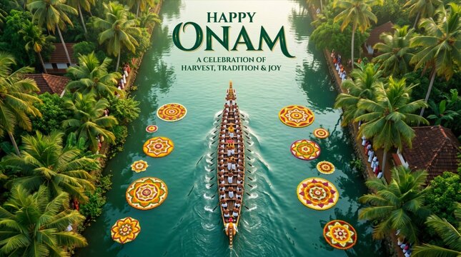 Onam festival snake boat race celebration Kerala traditional water competition aerial view