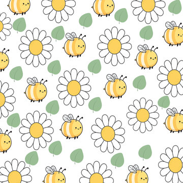 Cute seamless pattern with daisies, leaves and little bees, spring floral background vector illustration
