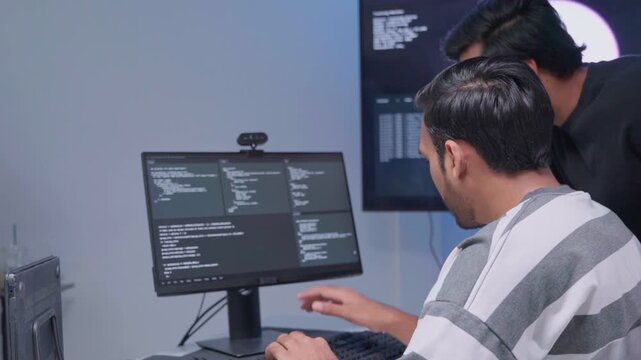 Team engineers software development are brainstorming using computer writing code. Programmer teamwork meetings using technology artificial intelligence work system about cyber security and coding