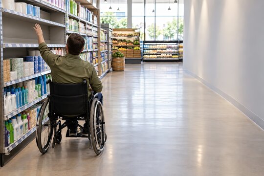 Wheelchair User Reaching High Store Shelf in Wide Aisle, Everyday Accessibility and Inclusive Retail