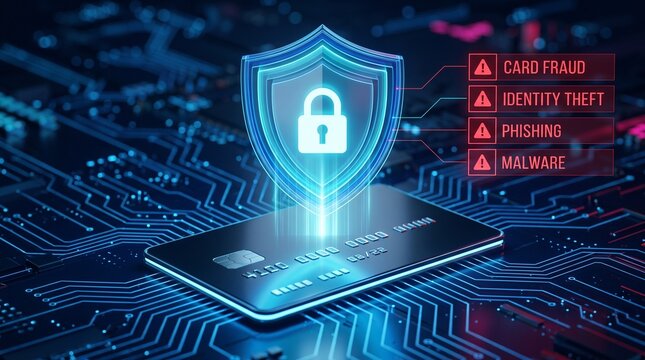 Credit card transaction security concept with an artificial intelligence protection shield and padlock on a digital circuit board
