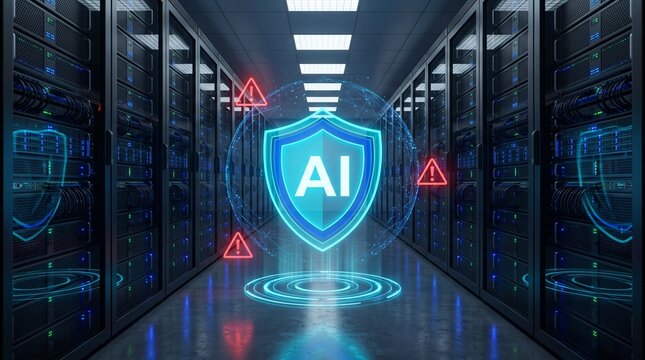 Futuristic server room corridor with an artificial intelligence security shield and warning nodes for IT infrastructure
