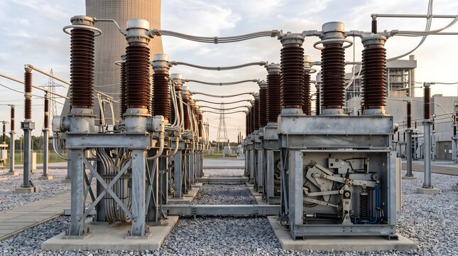 High voltage electrical substation equipment at power plant facility
