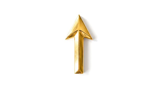 Vintage golden bow arrow pointing vertically upward isolated against solid white background detailed metallic archery object symbolizing reaching specific targets goals