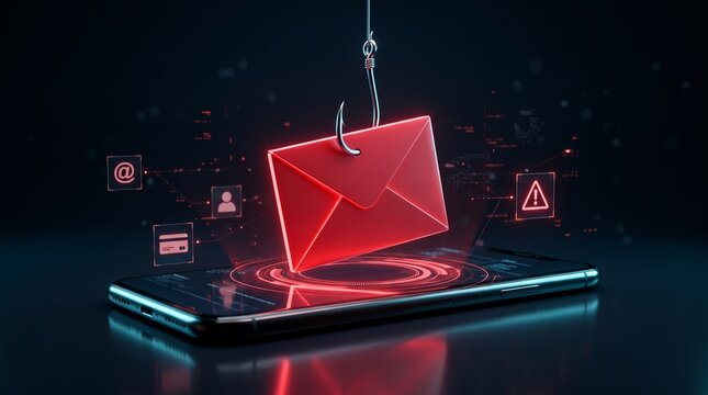 Phishing email cyber attack concept with a red envelope trapped on a digital hook representing data theft
