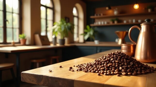 A sunlit wooden table displays a generous mound of roasted coffee beans, situated in a cozy, rustic cafe setting with a copper coffee pot in the background.