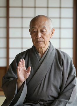 Elderly Male Figure In Late Dressed Traditional Japanese Monk Attire Robe Muted Gray Draped Elegantly Shoulders Body Indicative