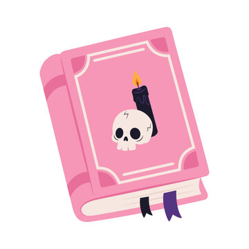 Pink magic spell book with skull and burning black candle on cover. Halloween witchcraft grimoire isolated on transparent background. Vector illustration.