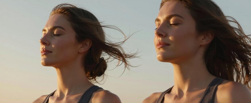 Two Individuals Female Captured From Shoulders Against Soft Focus Background Outdoor Setting Sunrise Sunset Given Warm Golden Hue