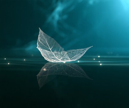 Delicate white skeleton leaf floating on a dark reflective surface with glowing light particles and a deep teal blue background