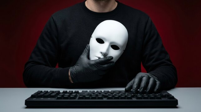 Anonymous Hacker Holding White Mask at Computer Keyboard Representing Cybersecurity Threat Cybercrime and Identity Theft