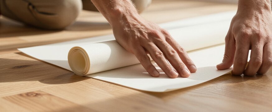 Captures Close Of Pair Human Hands Engaging With Yoga Mat On Wooden Floor Appear To In Process Rolling Unrolling Suggesting Moment