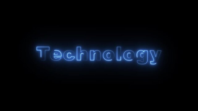 Glowing technology text animation with neon outline on transparent background