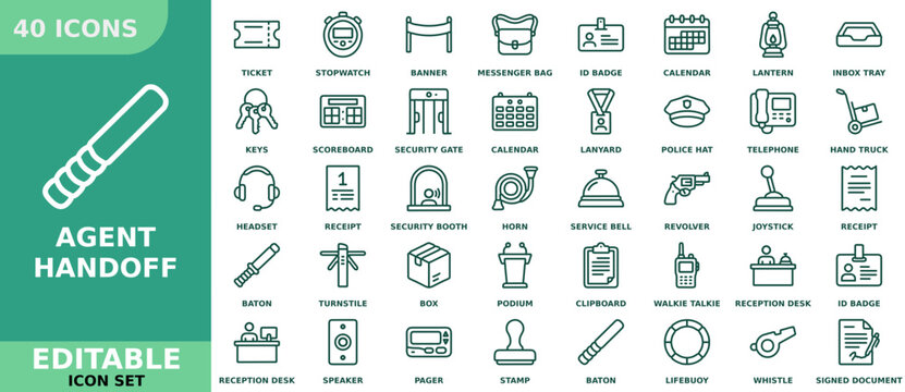 Collection of line icons for agent handoff, including security, communication, and reception symbols like batons, walkie talkies, reception desks, and id badges