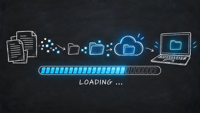 Chalkboard sketch concept blending with glowing neon graphics illustrating file upload and digital cloud storage backup process