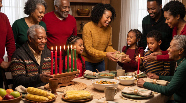 African American family celebrating Kwanzaa at a festive dinner  