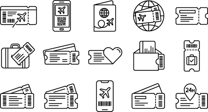 Travel flight boarding pass and event ticket icons set with digital mobile tickets passports luggage tags and monochrome line art