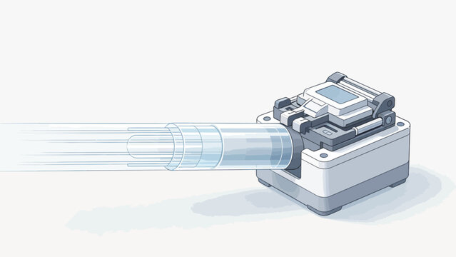Technical illustration of transparent fiber optic cable connected to optical splice closure unit with