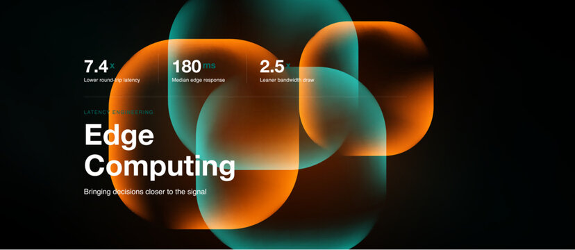 Abstract design features overlapping shapes, text highlighting edge computing metrics. Dark background emphasizes vibrant orange, teal hues.