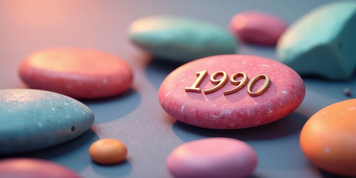 Smooth stones with a golden nineteen ninety inscription on a pink stone
