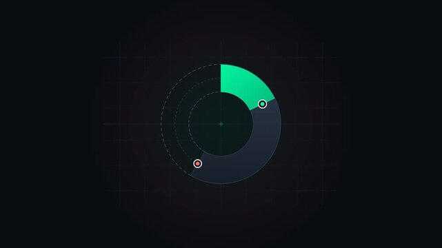 Futuristic HUD radial donut chart animation with glowing concentric arcs, technical grid guidelines, progress indicator nodes, and dashed gauge rings in vibrant neon mint and coral on an obsidian dark