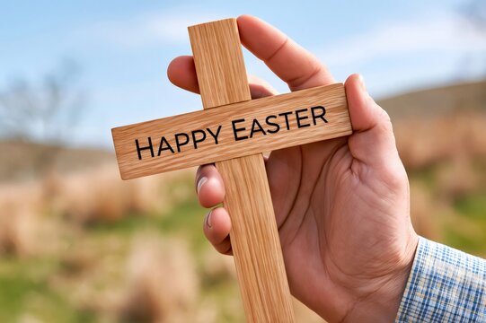 Hand holding wooden cross with Happy Easter text