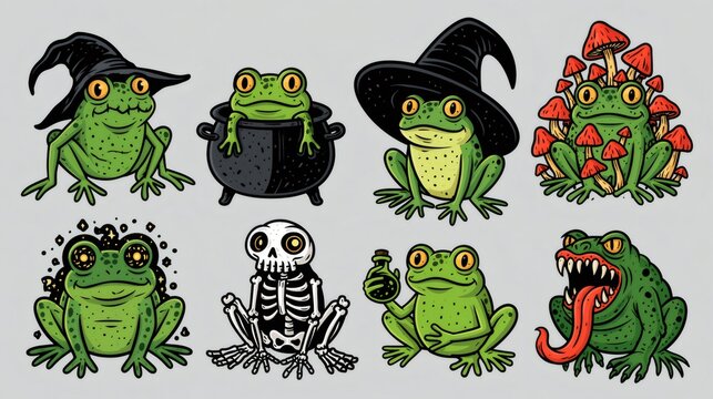 Cute halloween frogs with witch hats and cauldron
