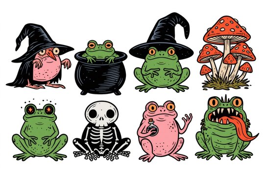 Halloween frogs and mushroom illustration set