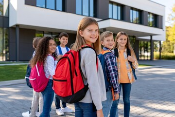 Fototapeta premium Smiling elementary school children wearing backpacks outside school
