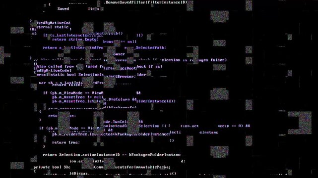 Abstract digital glitch overlay with white programming code text on black background programming abstract technology