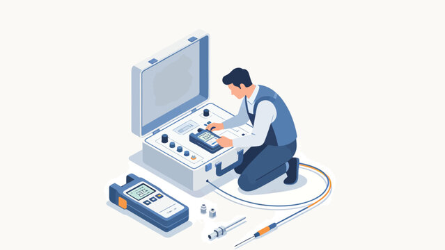 Isometric illustration of an engineer operating a portable electronic testing device with probes and