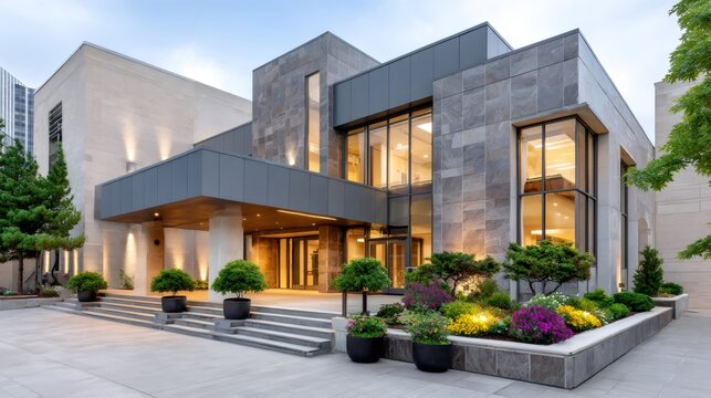 Modern corporate building exterior with landscape architecture at dusk