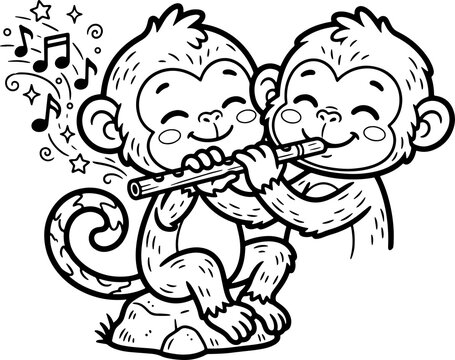 Two cute cartoon monkeys playing flute together