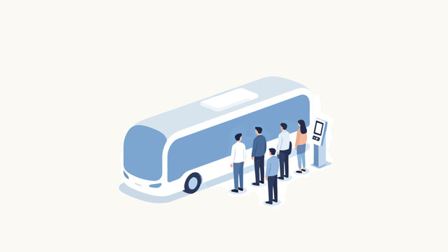 Isometric Illustration of Commuters Boarding a Modern Minibus Near a Digital Kiosk in Clean Design Style