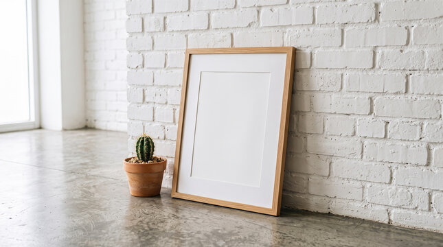 Blank wooden poster picture frame mockup leaning against white painted brick wall beside potted cactus plant on polished concrete floor indoors