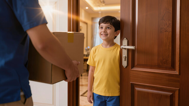 Happy Indian Boy Opening Door to Receive Package Delivery at Home