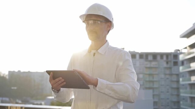 Man construction engineer or architect wearing white shirt and hard hat is using digital tablet while inspecting a building site at sunset, front view. Architecture and engineering concepts
