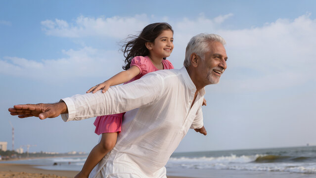 Happy Indian Grandfather Giving Piggyback Ride to Granddaughter on Beach