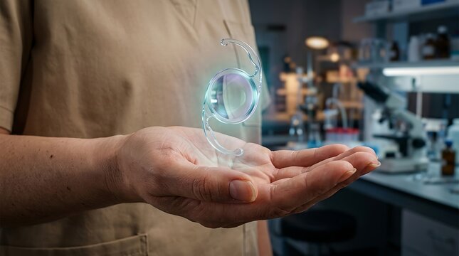 Medical professional holding transparent intraocular lens vision correction technology surgeon hand eye surgery.
