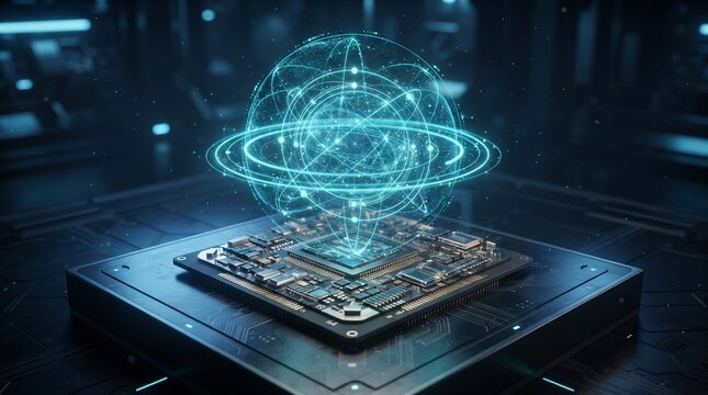 Central processing unit with a glowing holographic data sphere interface on a dark server background