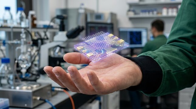 Microchip circuit board glowing in human hand inside research laboratory setting during experiment electronics.