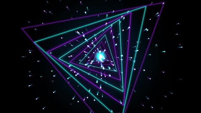 Glowing Neon Purple And Teal Triangles Forming A Recursive Warp Tunnel With Floating Light Particles For A Modern Cinematic Digital Background Representing Advanced High Speed Data