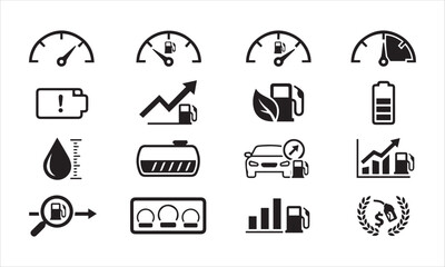 Fototapeta premium Fuel efficiency and car maintenance icons featuring gas gauges and search tools.