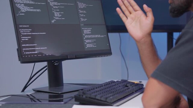 Software engineer check the dashboard information of coding systems and cybersecurity. Professional development verifying code writing with artificial intelligence. Data center programmer performance 