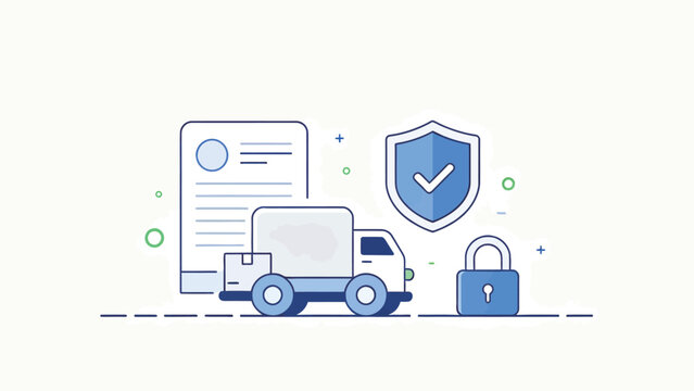 Modern blue line art illustration showing a delivery truck, security document, shield with checkmark, and