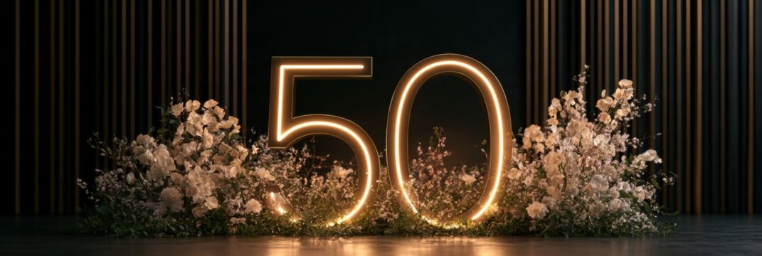 A golden number 50 stands out against a dark background, surrounded by a floral arrangement. The setting is elegant, suitable for an anniversary gala.