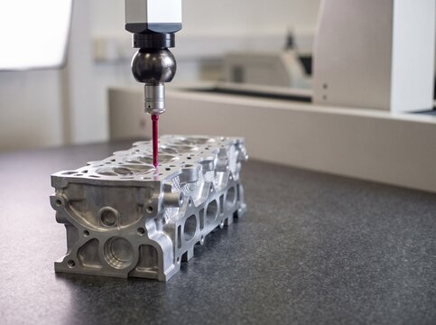 CMM probe inspecting precision machined aluminum automotive cylinder head on granite surface plate