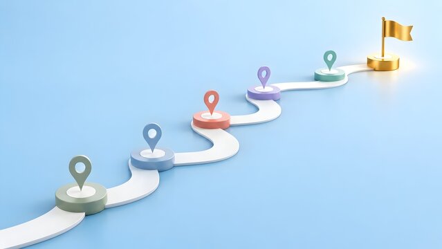 Winding 3D roadmap with colorful location pins leading to a golden flag representing business milestone achievement