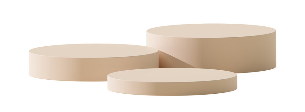 3D beige showcase product display cylinder podium with pedestal stage platform stand isolated on transparent png background