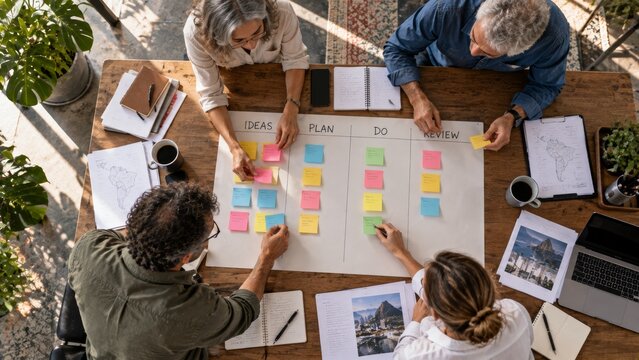 Business team organizes sticky notes on planning board for group workflow. This overhead meeting has calm, focused mood, with handwritten notes, coffee cups, and documents surrounding table.